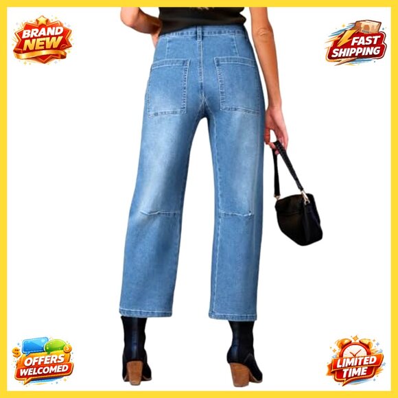 High Waisted Baggy Barrel Jeans Wide Leg Ankle Pants Stretch Denim - Picture 5 of 7